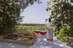 Tavolo con bottiglia di vino e bicchieri e vigna sullo sfondo